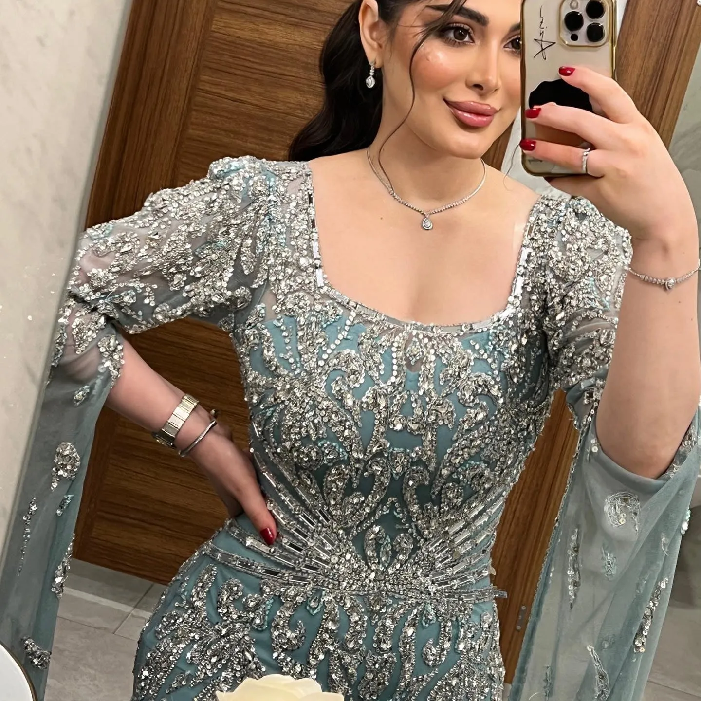Luxury Turquoise Beaded Mermaid Evening Dress with Cape Sleeves SS469