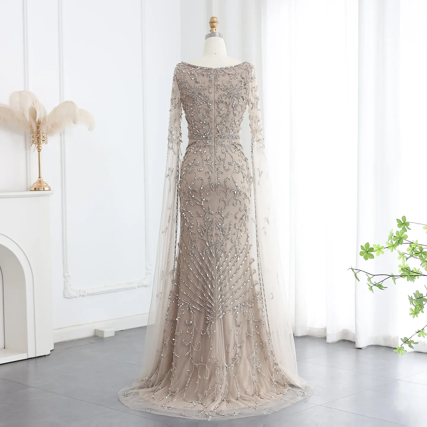 Luxury Turquoise Beaded Mermaid Evening Dress with Cape Sleeves SS469