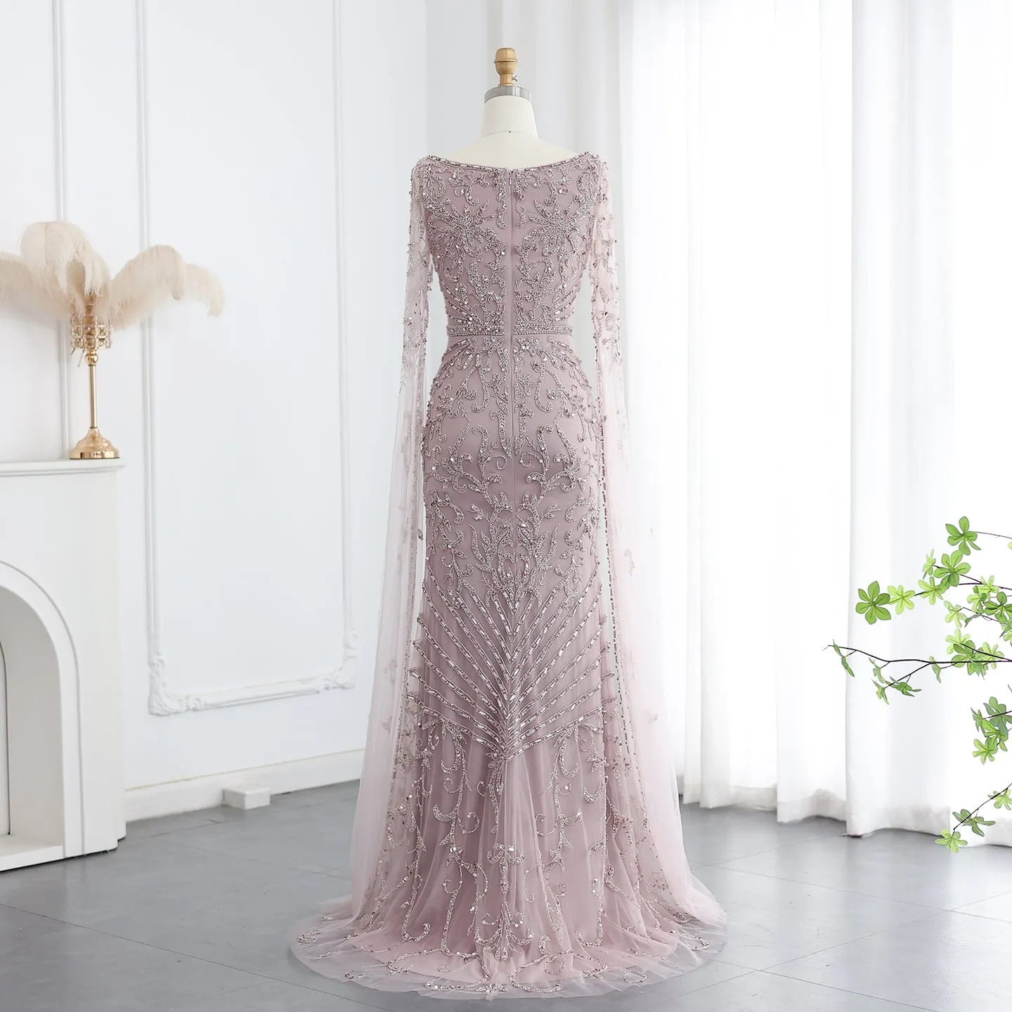 Luxury Turquoise Beaded Mermaid Evening Dress with Cape Sleeves SS469