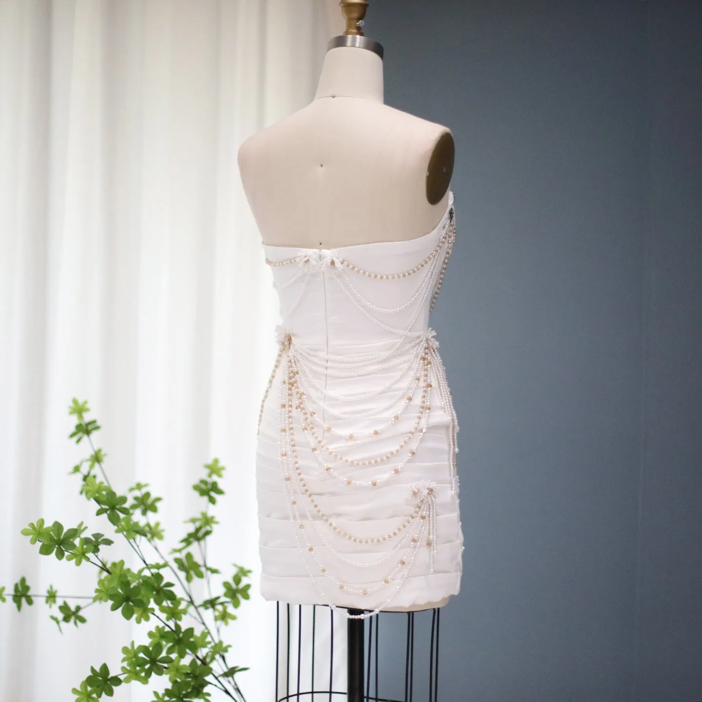 Luxury White Pearls Tassel Short Cocktail Party Dress RM035