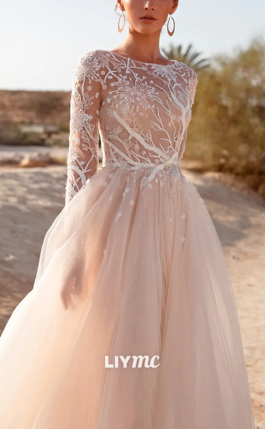 LW910 - Scoop Long Sleeves Appliques Tulle Ball Gown Wedding Dress