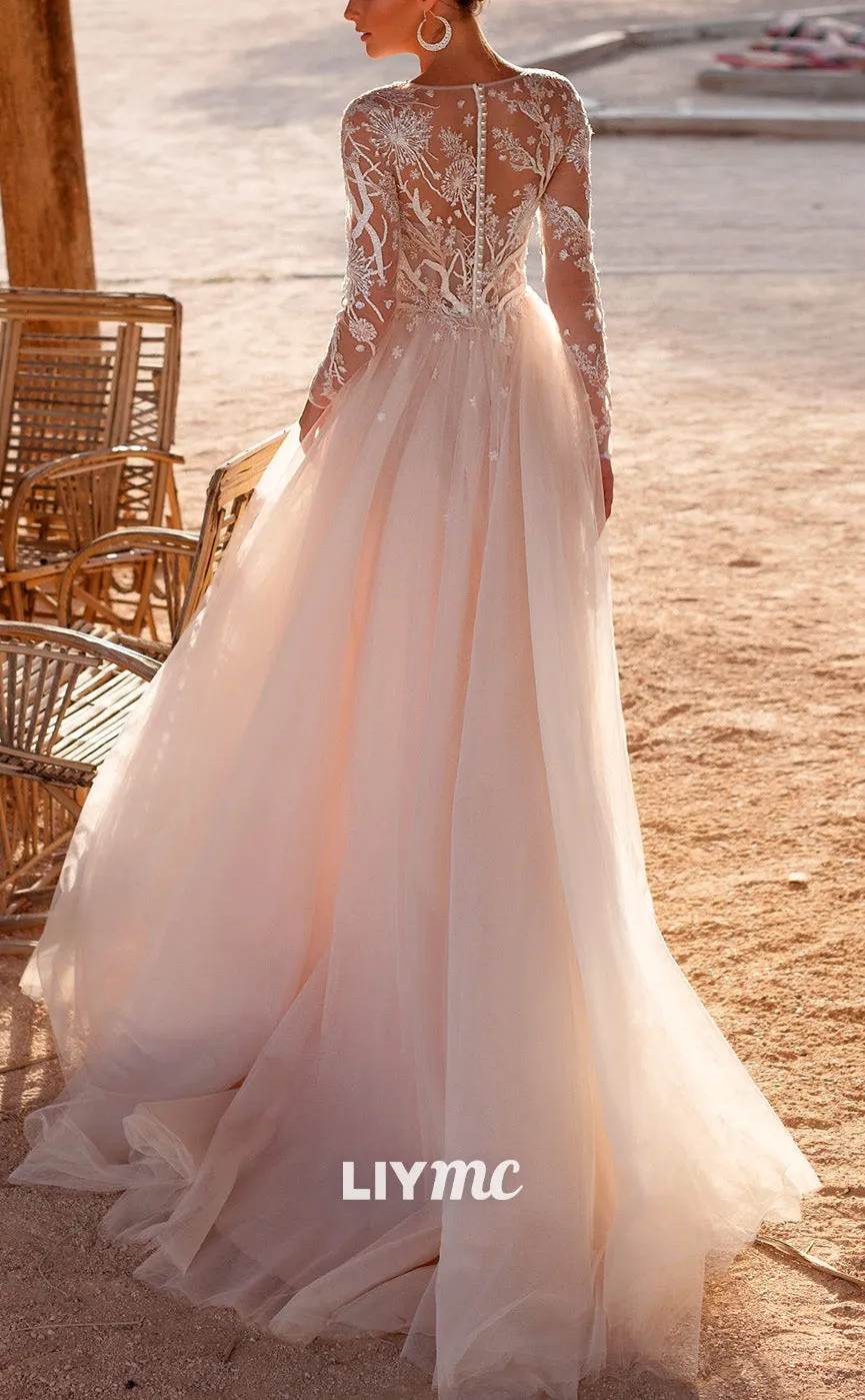 LW910 - Scoop Long Sleeves Appliques Tulle Ball Gown Wedding Dress
