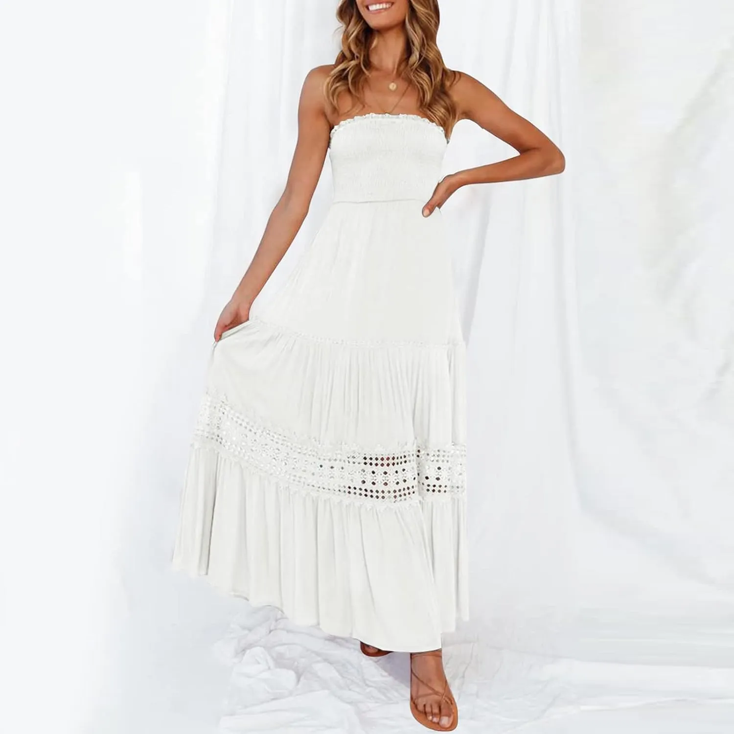 Maxi Dresses for Women Summer Bohemian Tube Strapless Sundress Off Shoulder Lace Trim Flowy A Line Beach Dress