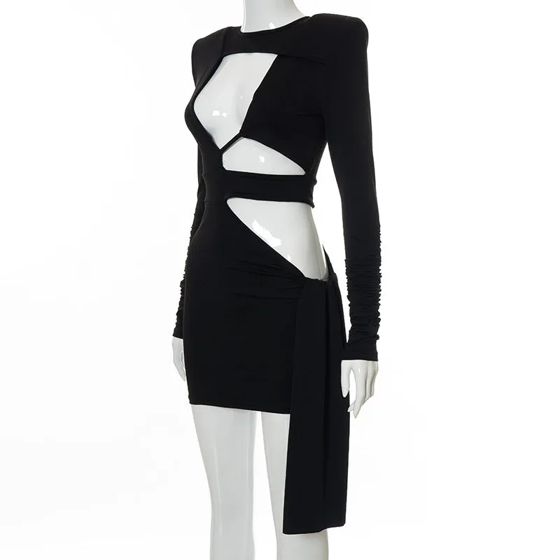 MB FASHION Cut-Out Long Sleeve Bodycon Mini Dress with Side Tie Detail 481R