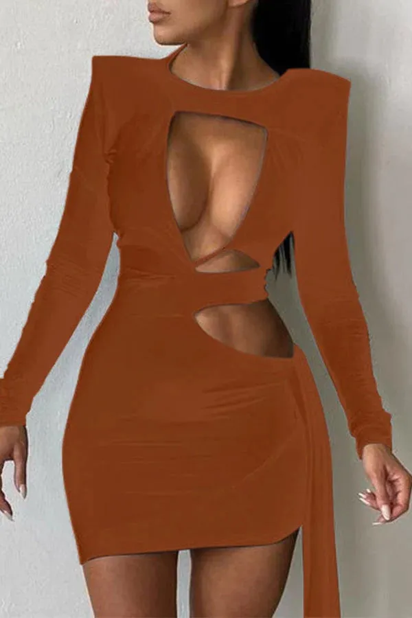 MB FASHION Cut-Out Long Sleeve Bodycon Mini Dress with Side Tie Detail 481R