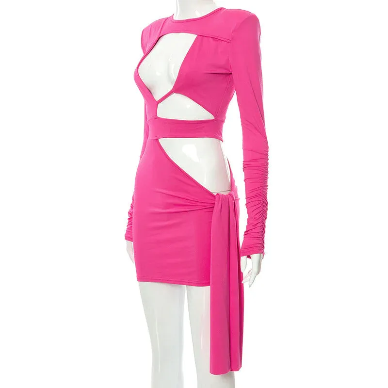 MB FASHION Cut-Out Long Sleeve Bodycon Mini Dress with Side Tie Detail 481R