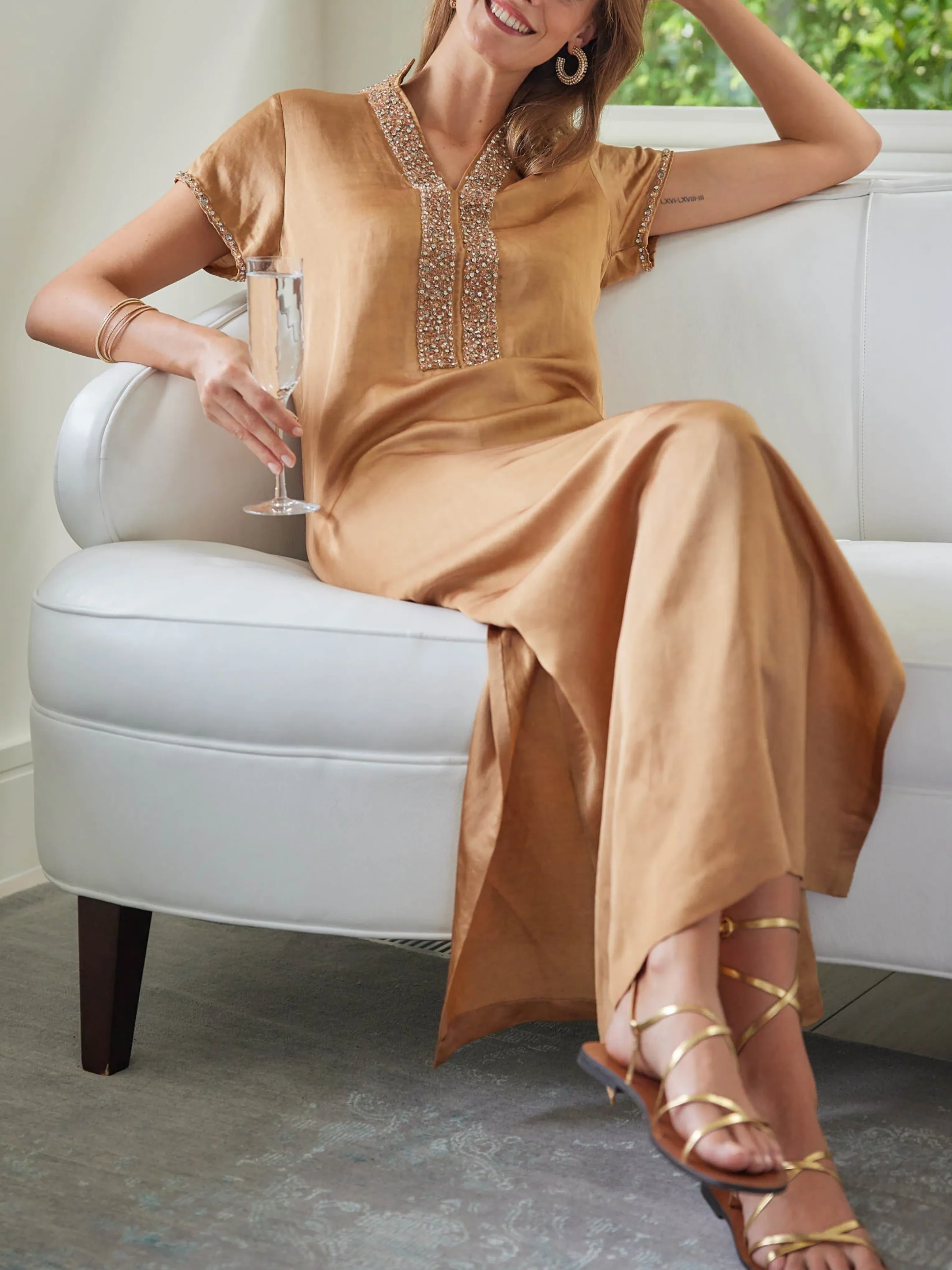 Meg 54" Cap Sleeve Caftan in Almond