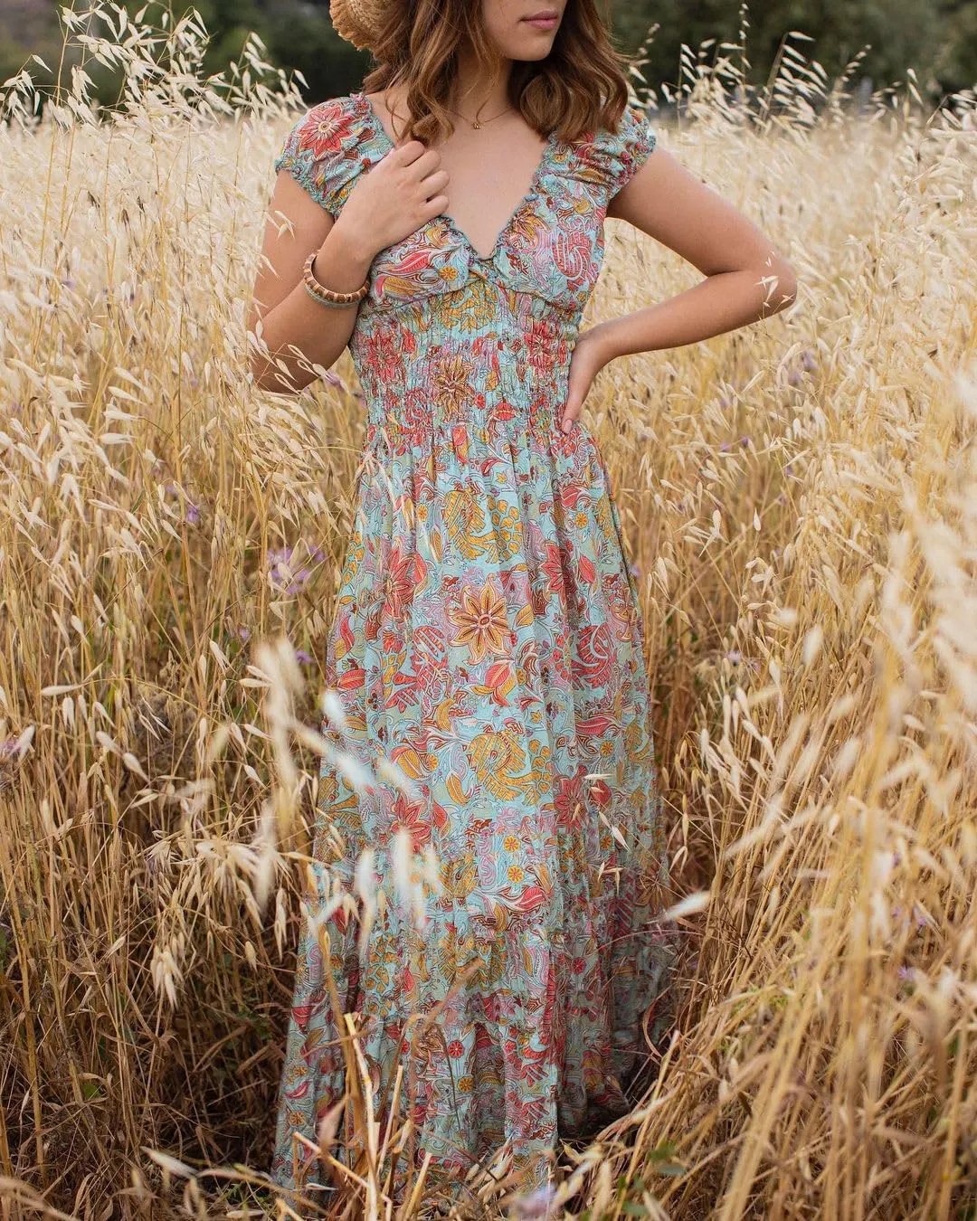 miduo Womens Summer Casual Floral V Neck Short Puff Sleeve Bohemian Print Smocked High Waist Maxi Long Dresses