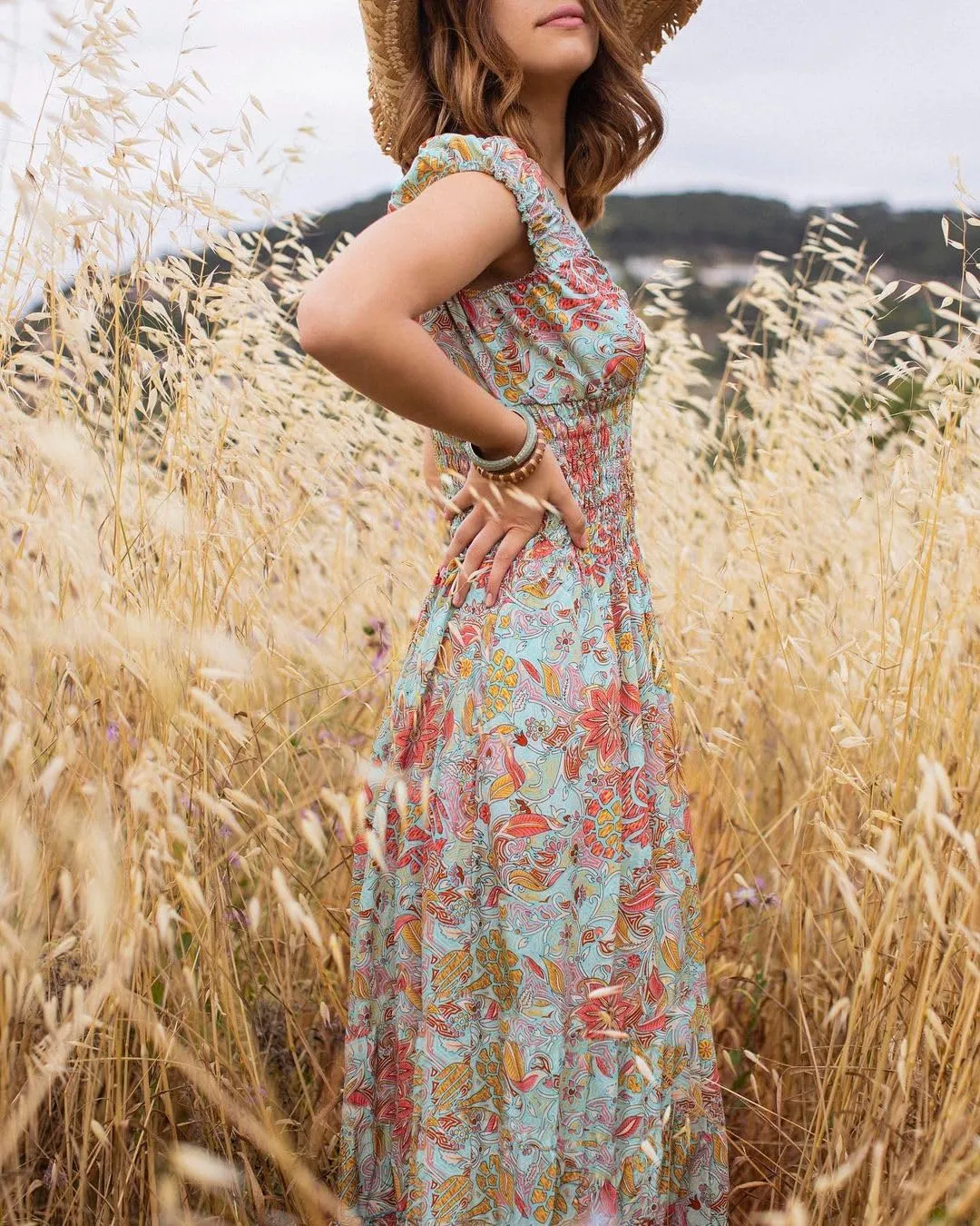 miduo Womens Summer Casual Floral V Neck Short Puff Sleeve Bohemian Print Smocked High Waist Maxi Long Dresses