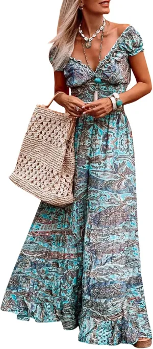 miduo Womens Summer Casual Floral V Neck Short Puff Sleeve Bohemian Print Smocked High Waist Maxi Long Dresses