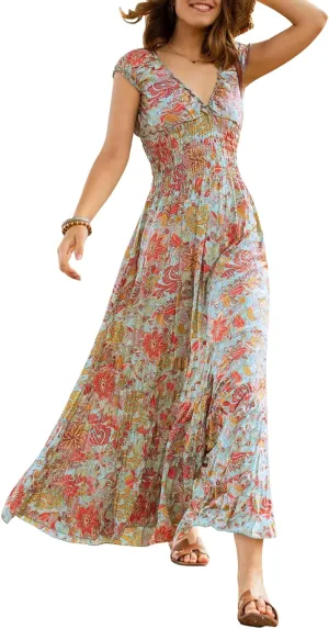 miduo Womens Summer Casual Floral V Neck Short Puff Sleeve Bohemian Print Smocked High Waist Maxi Long Dresses