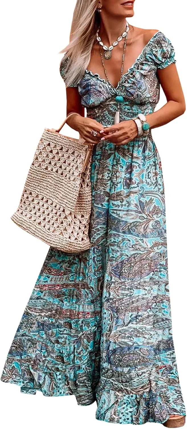 miduo Womens Summer Casual Floral V Neck Short Puff Sleeve Bohemian Print Smocked High Waist Maxi Long Dresses