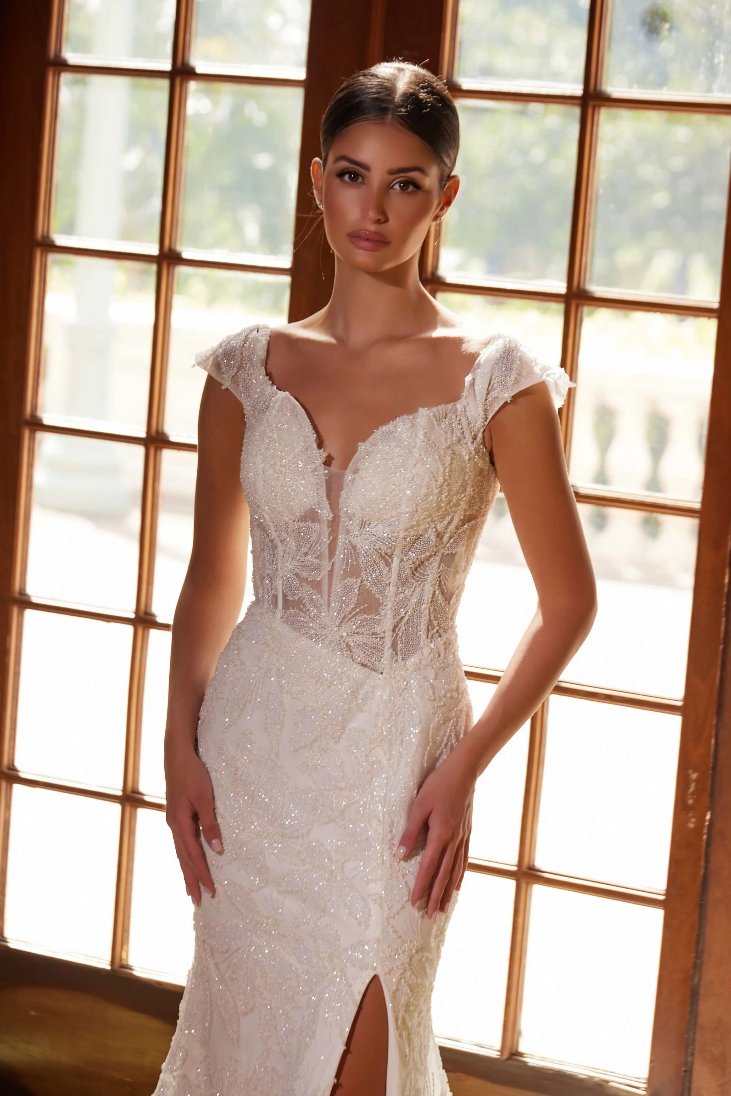 NOX ANABEL C1600W Long Train Beaded Tulle Off-Shoulder Dress