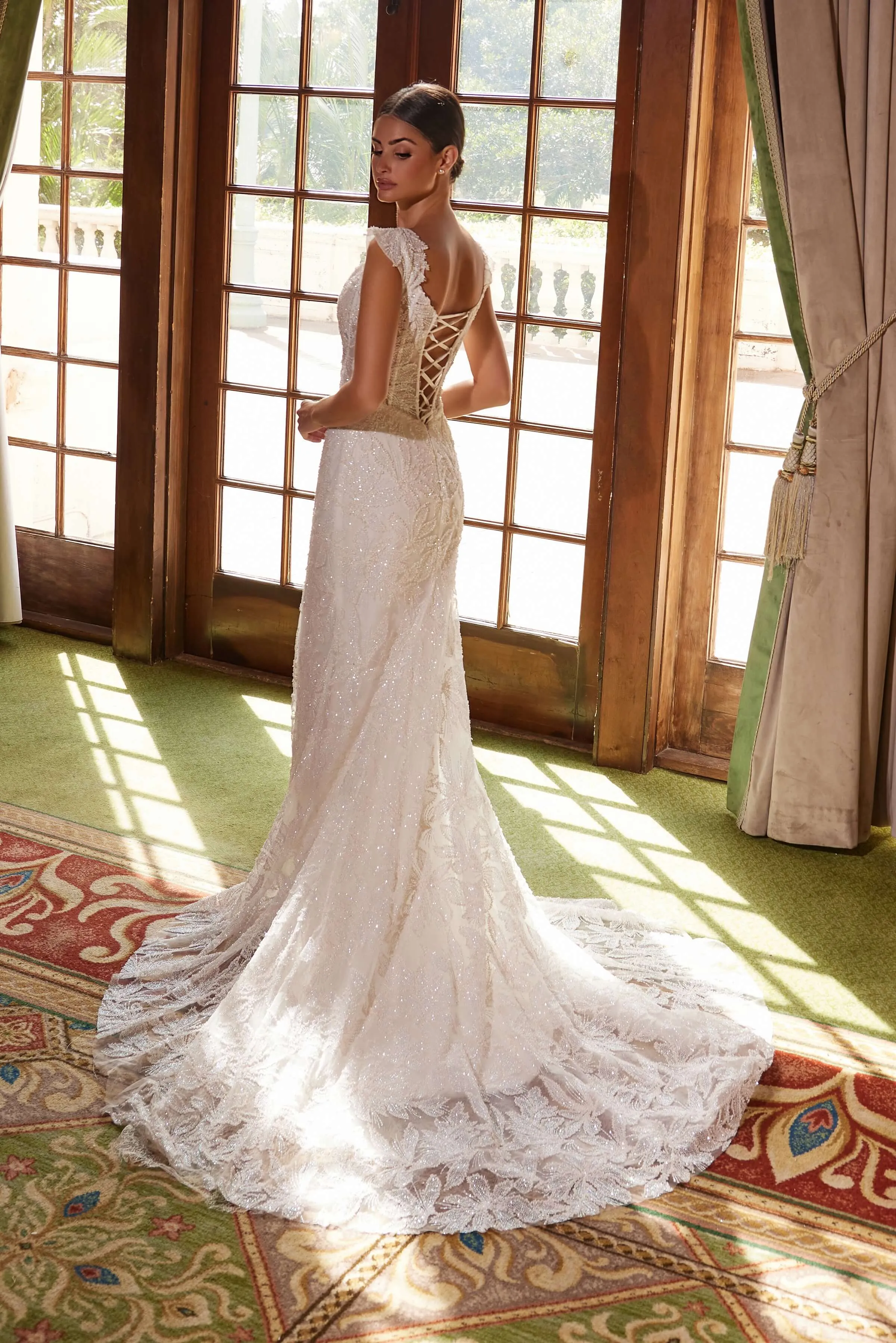 NOX ANABEL C1600W Long Train Beaded Tulle Off-Shoulder Dress