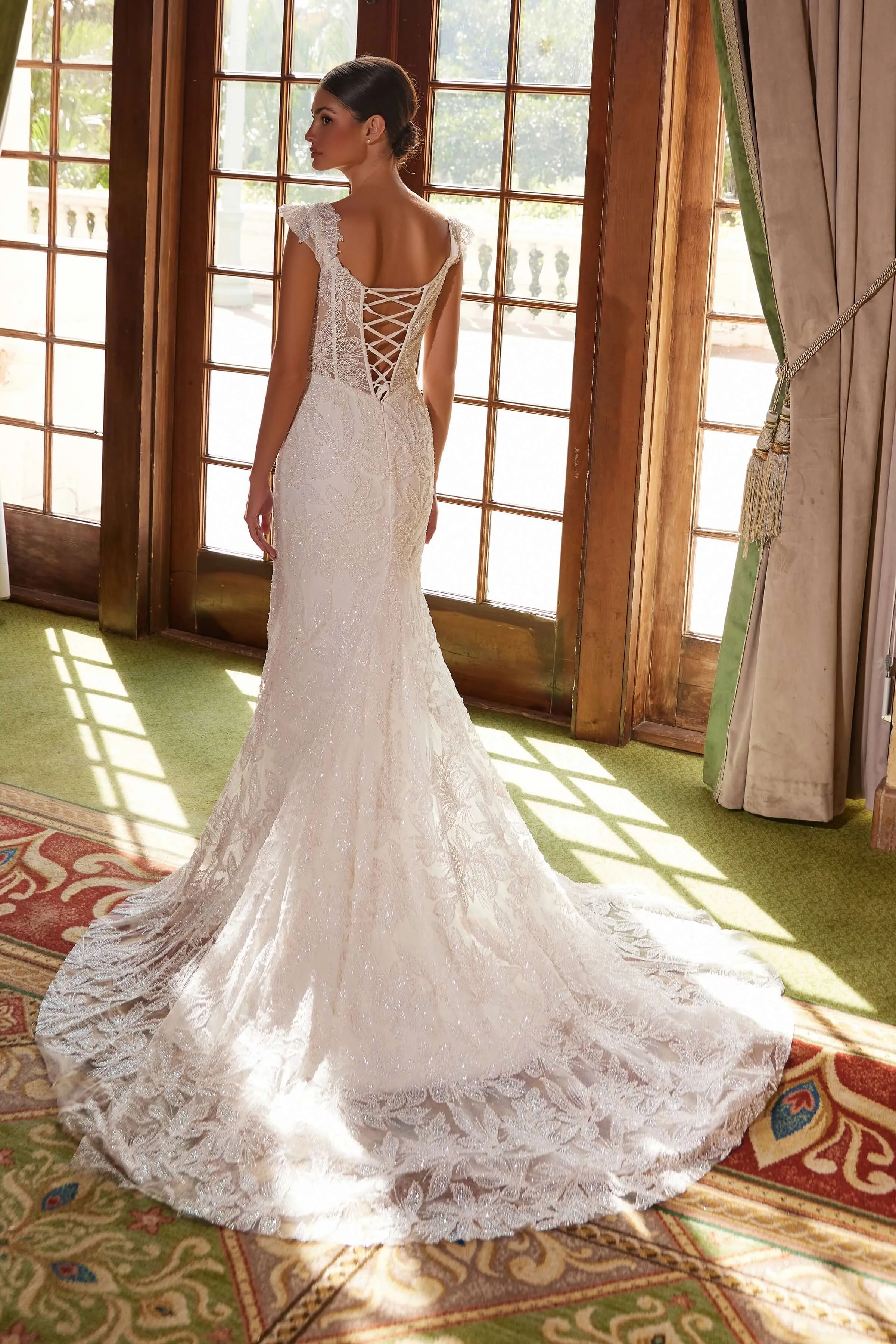 NOX ANABEL C1600W Long Train Beaded Tulle Off-Shoulder Dress