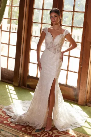 NOX ANABEL C1600W Long Train Beaded Tulle Off-Shoulder Dress