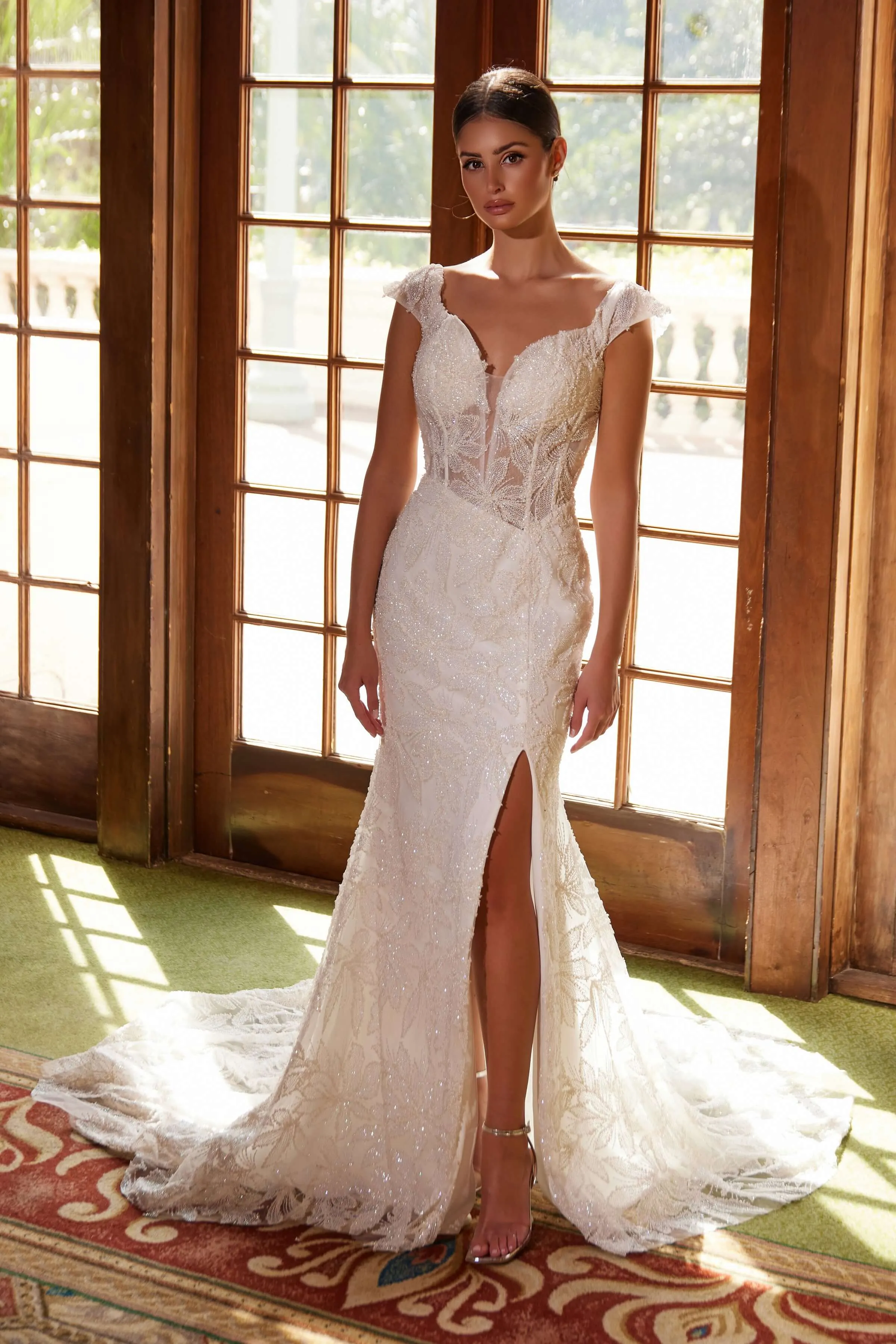 NOX ANABEL C1600W Long Train Beaded Tulle Off-Shoulder Dress