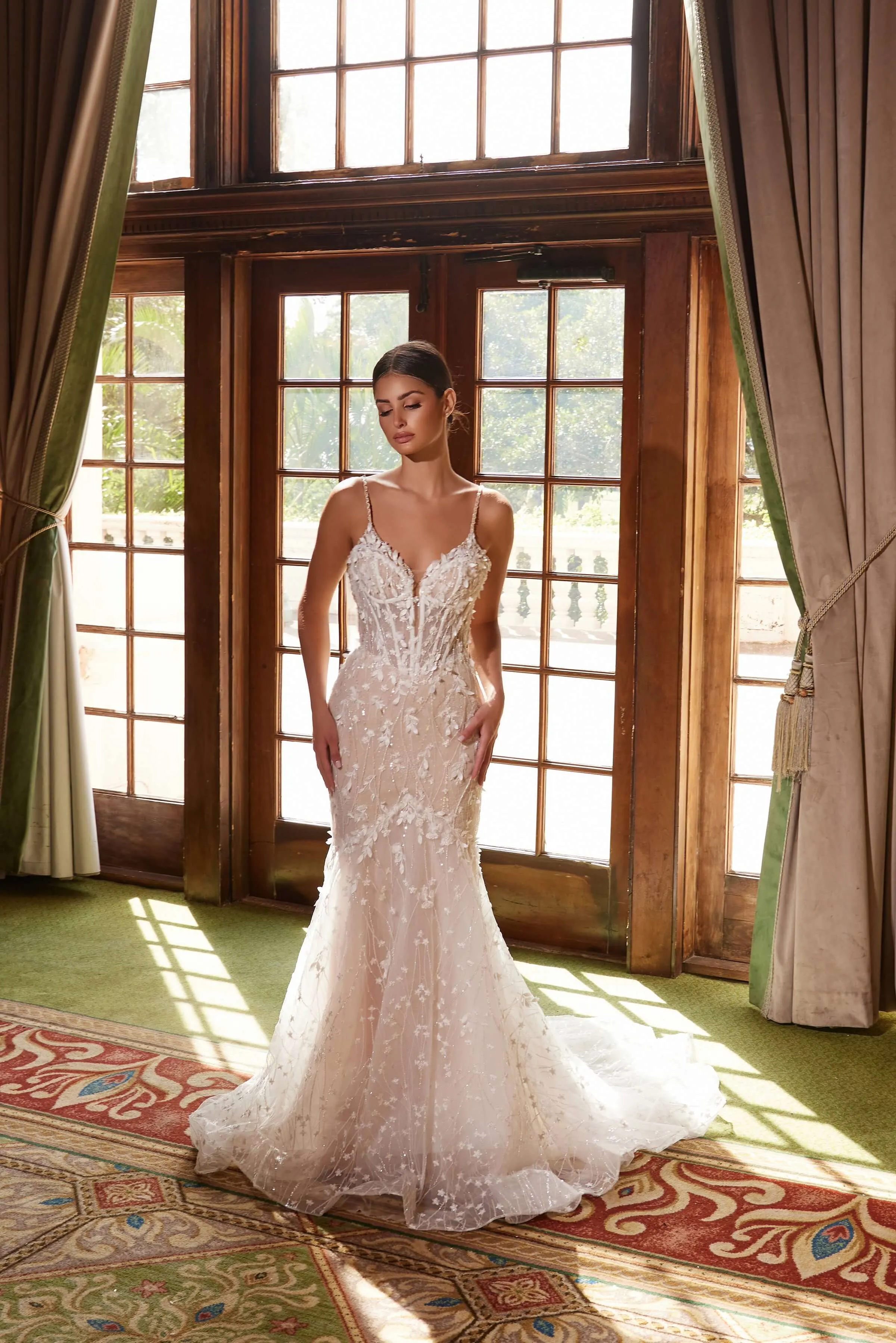 NOX ANABEL JE1023L Long Trumpet Embroidered Tulle Wedding Dress