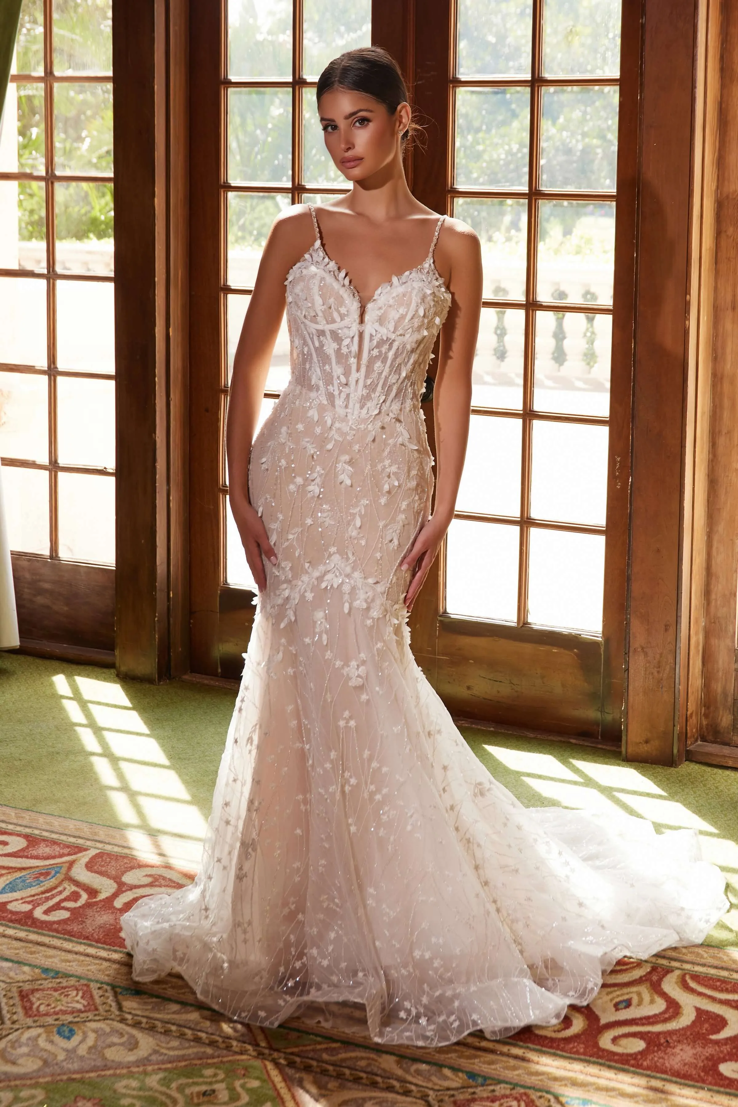 NOX ANABEL JE1023L Long Trumpet Embroidered Tulle Wedding Dress