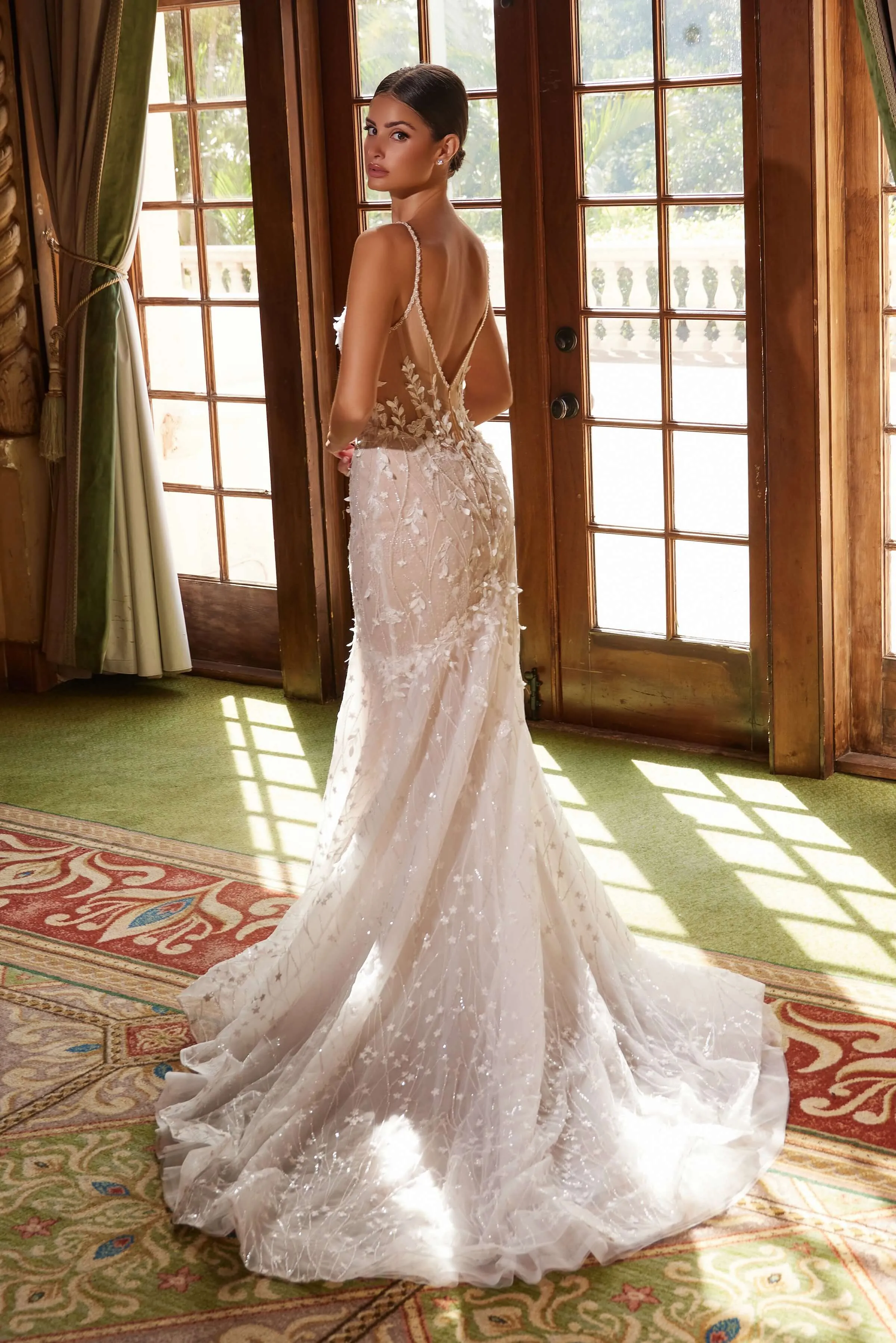 NOX ANABEL JE1023L Long Trumpet Embroidered Tulle Wedding Dress