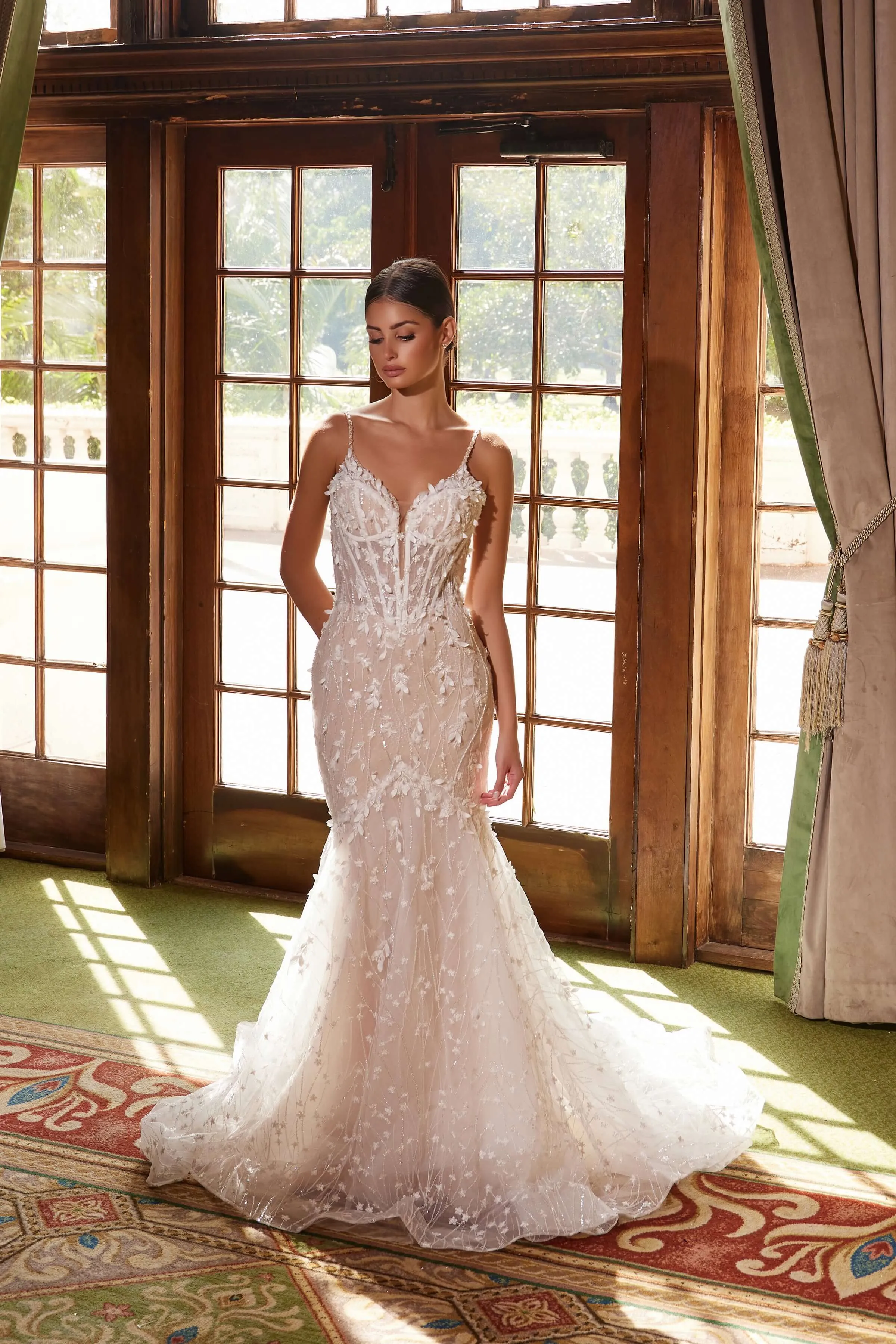 NOX ANABEL JE1023L Long Trumpet Embroidered Tulle Wedding Dress