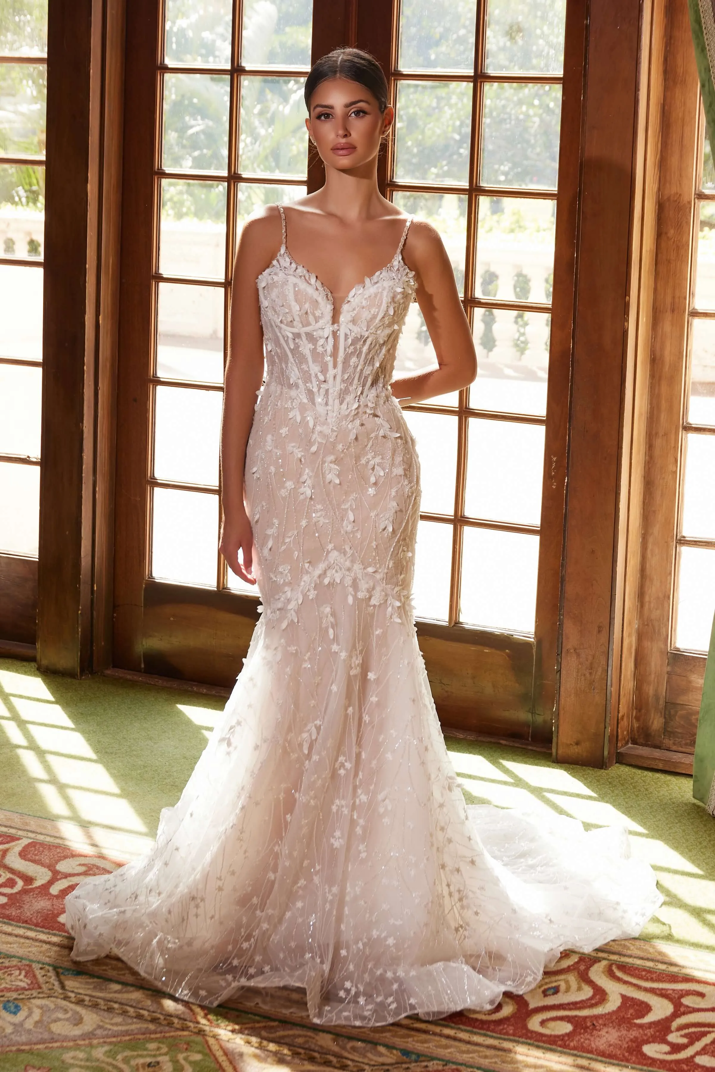 NOX ANABEL JE1023L Long Trumpet Embroidered Tulle Wedding Dress