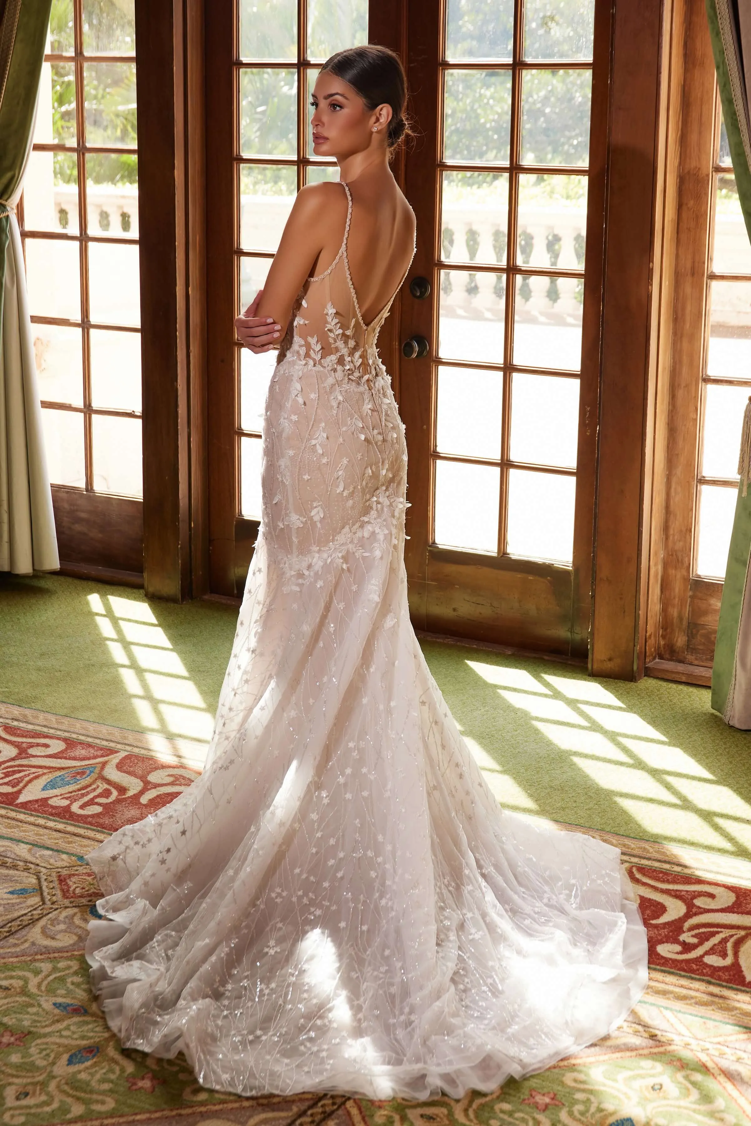NOX ANABEL JE1023L Long Trumpet Embroidered Tulle Wedding Dress