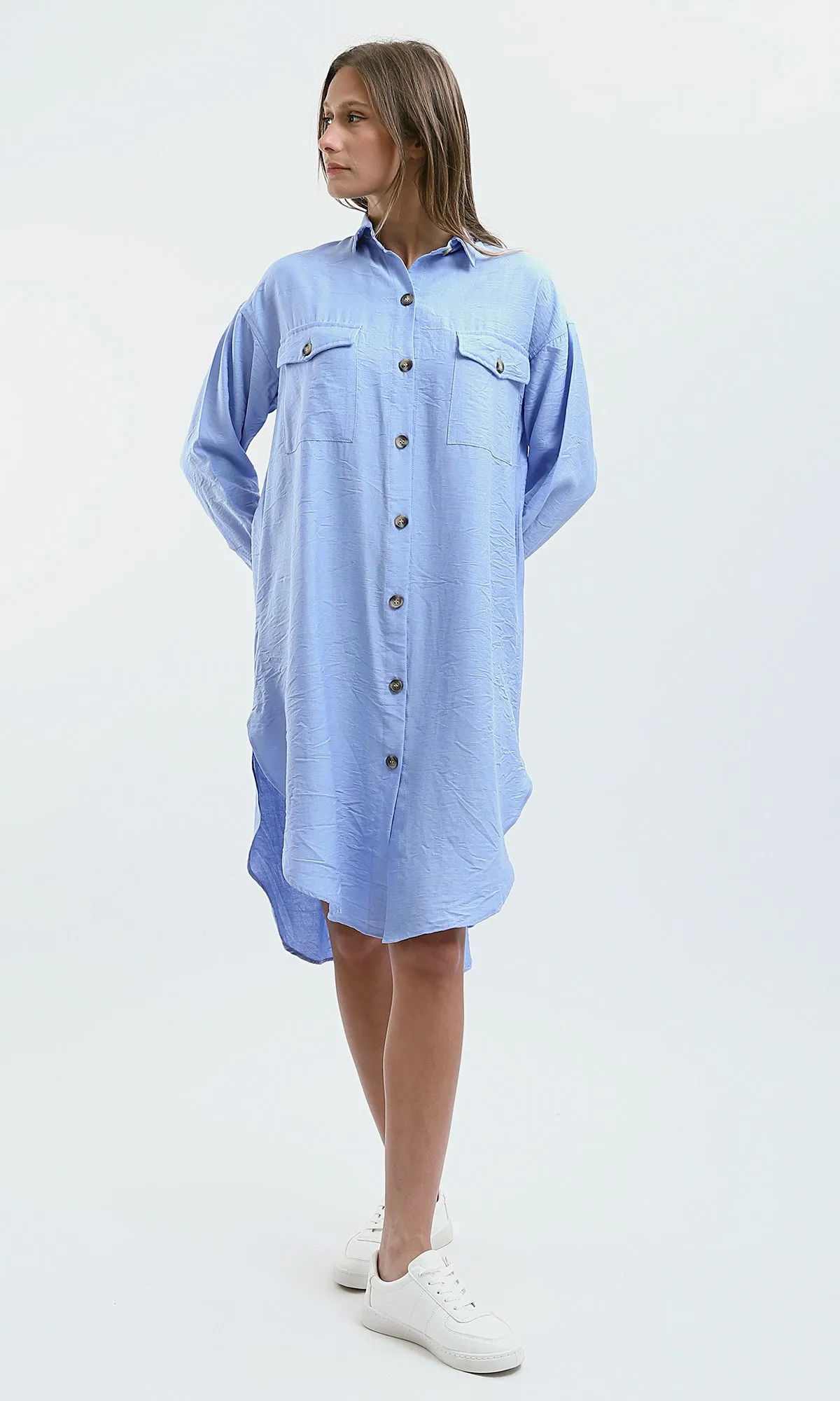 O179835 Light Blue Textured Shirt Dress With Classic Collar