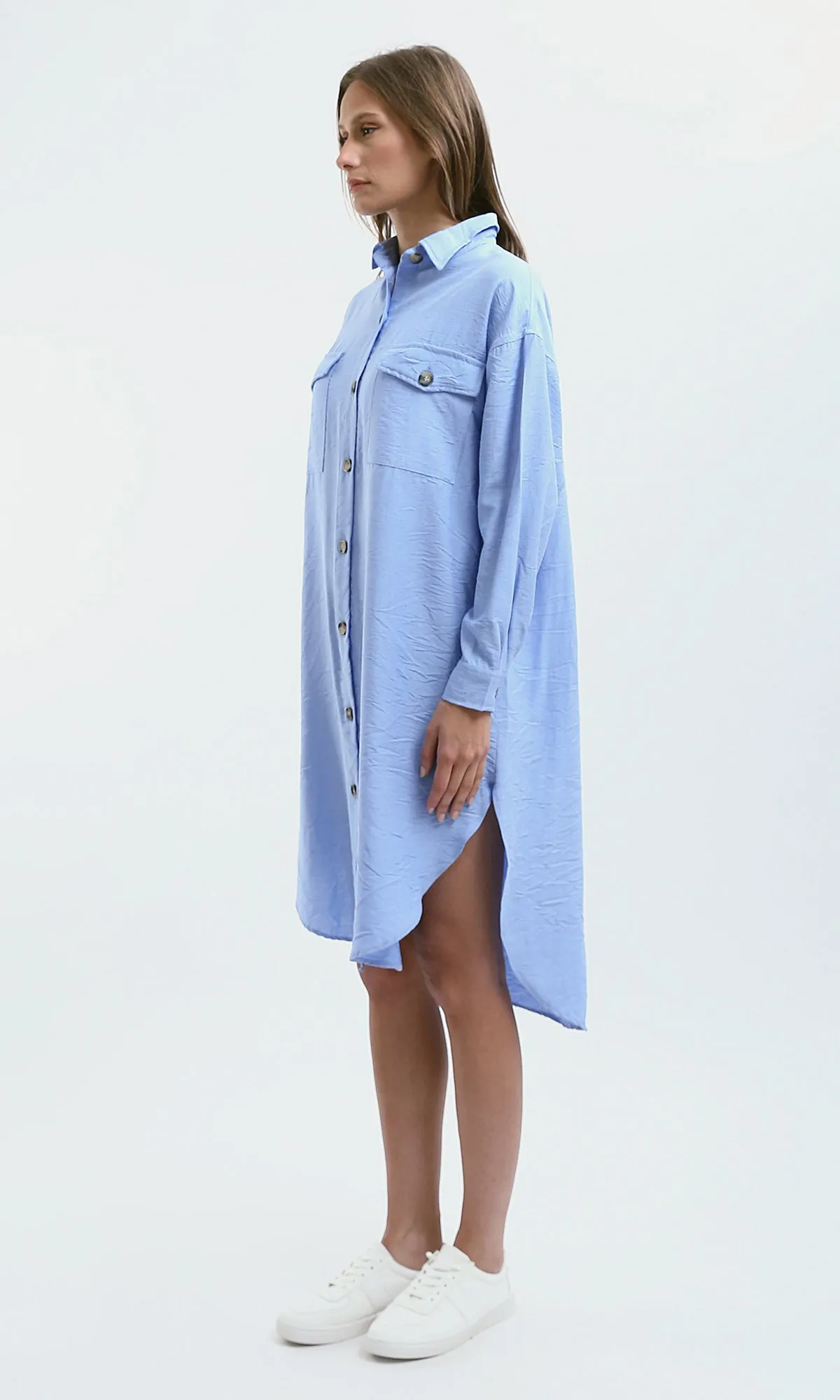 O179835 Light Blue Textured Shirt Dress With Classic Collar