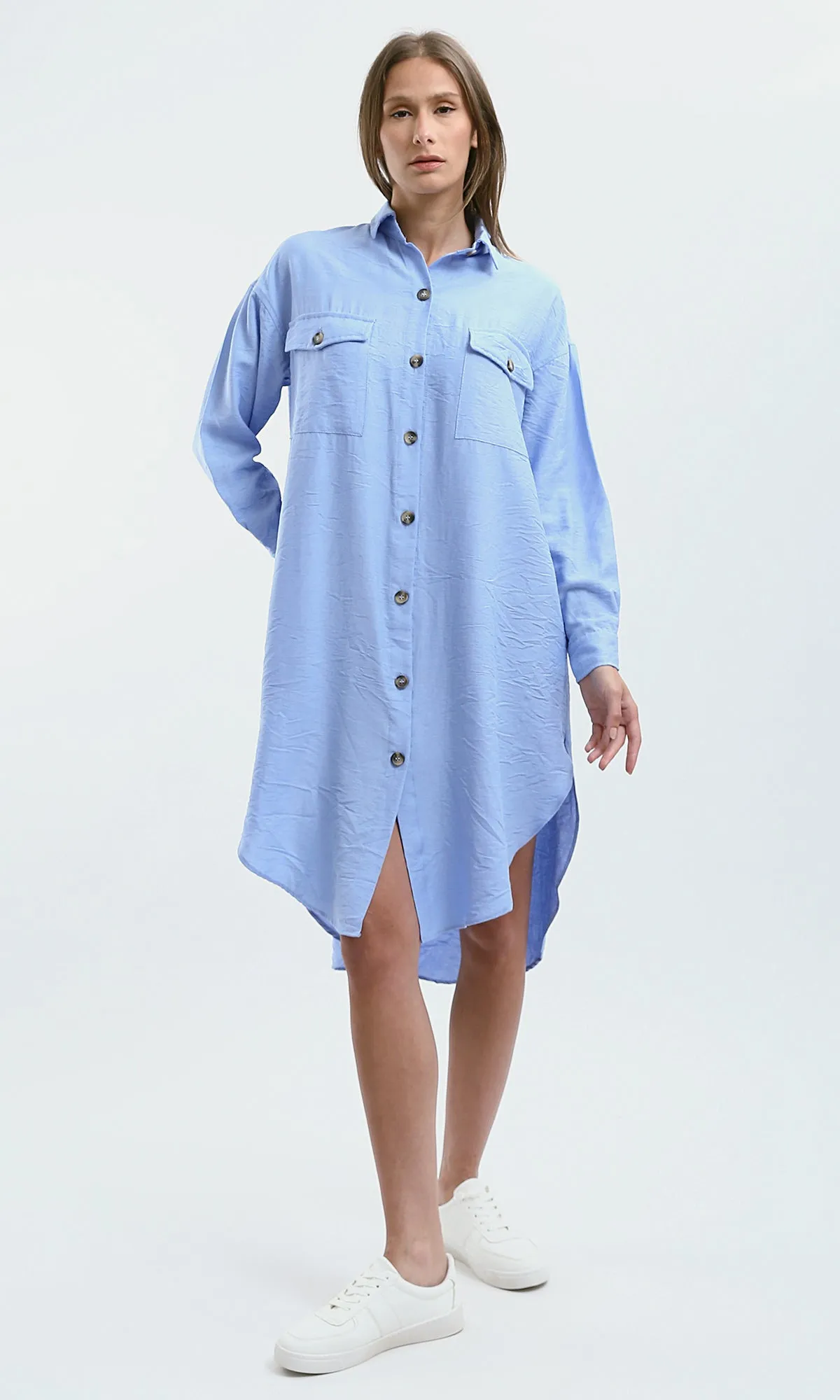 O179835 Light Blue Textured Shirt Dress With Classic Collar
