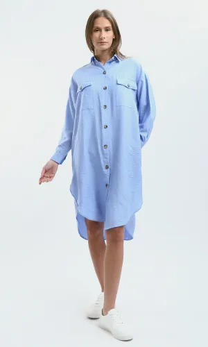 O179835 Light Blue Textured Shirt Dress With Classic Collar