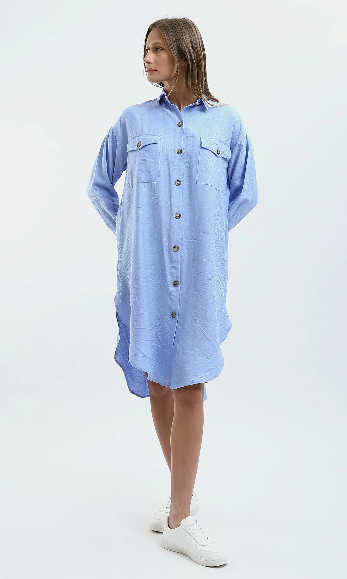 O179835 Light Blue Textured Shirt Dress With Classic Collar