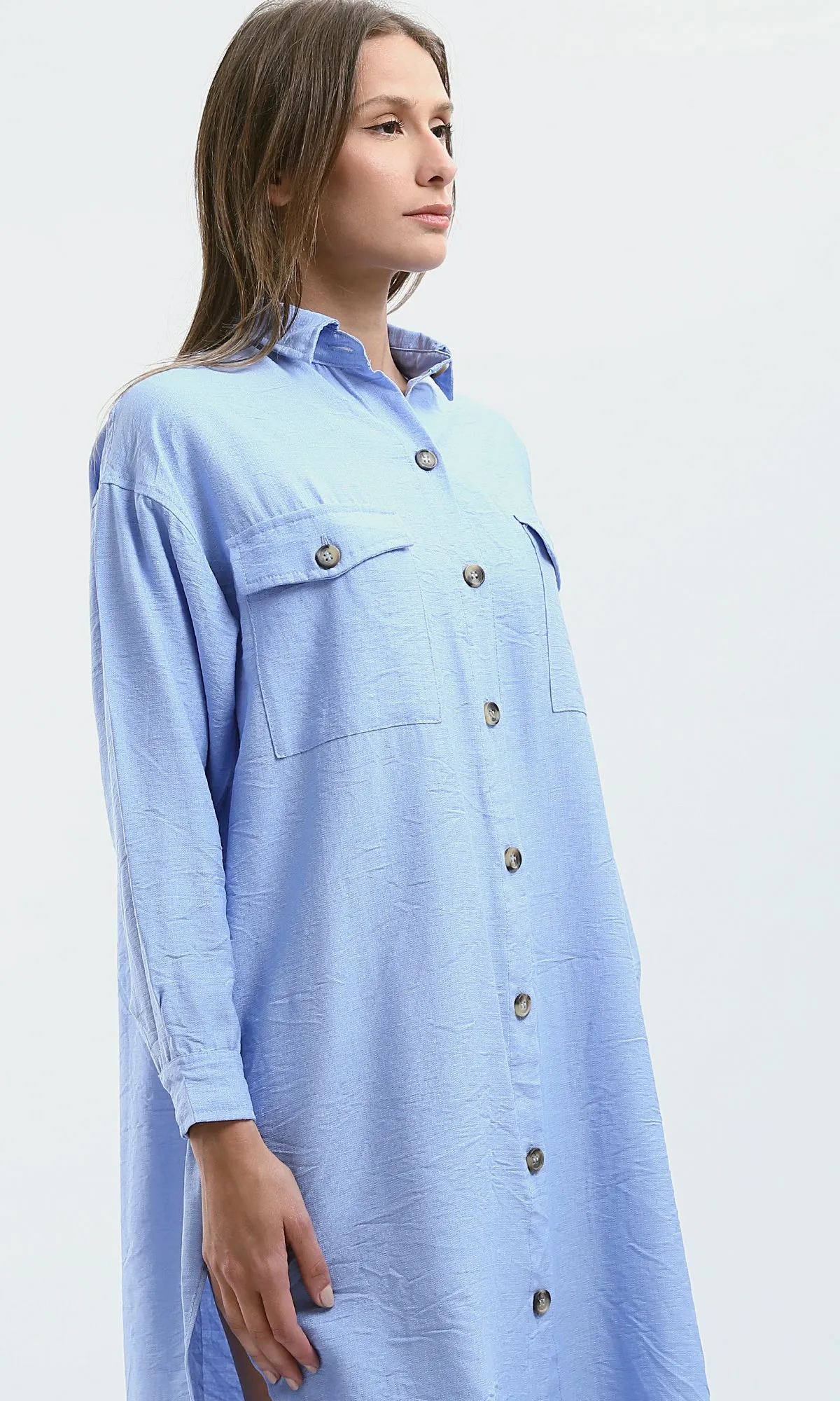 O179835 Light Blue Textured Shirt Dress With Classic Collar