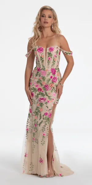 Off the Shoulder Floral Embroidered Column Dress
