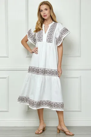 Off White Linen & Cotton Blend Embroidered Dress