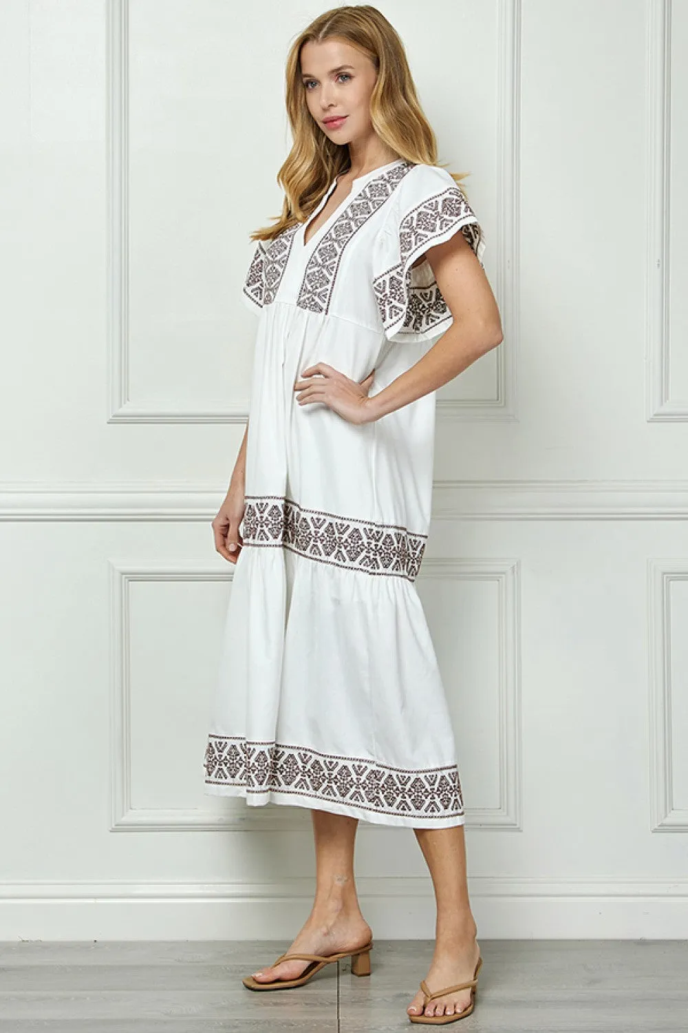 Off White Linen & Cotton Blend Embroidered Dress
