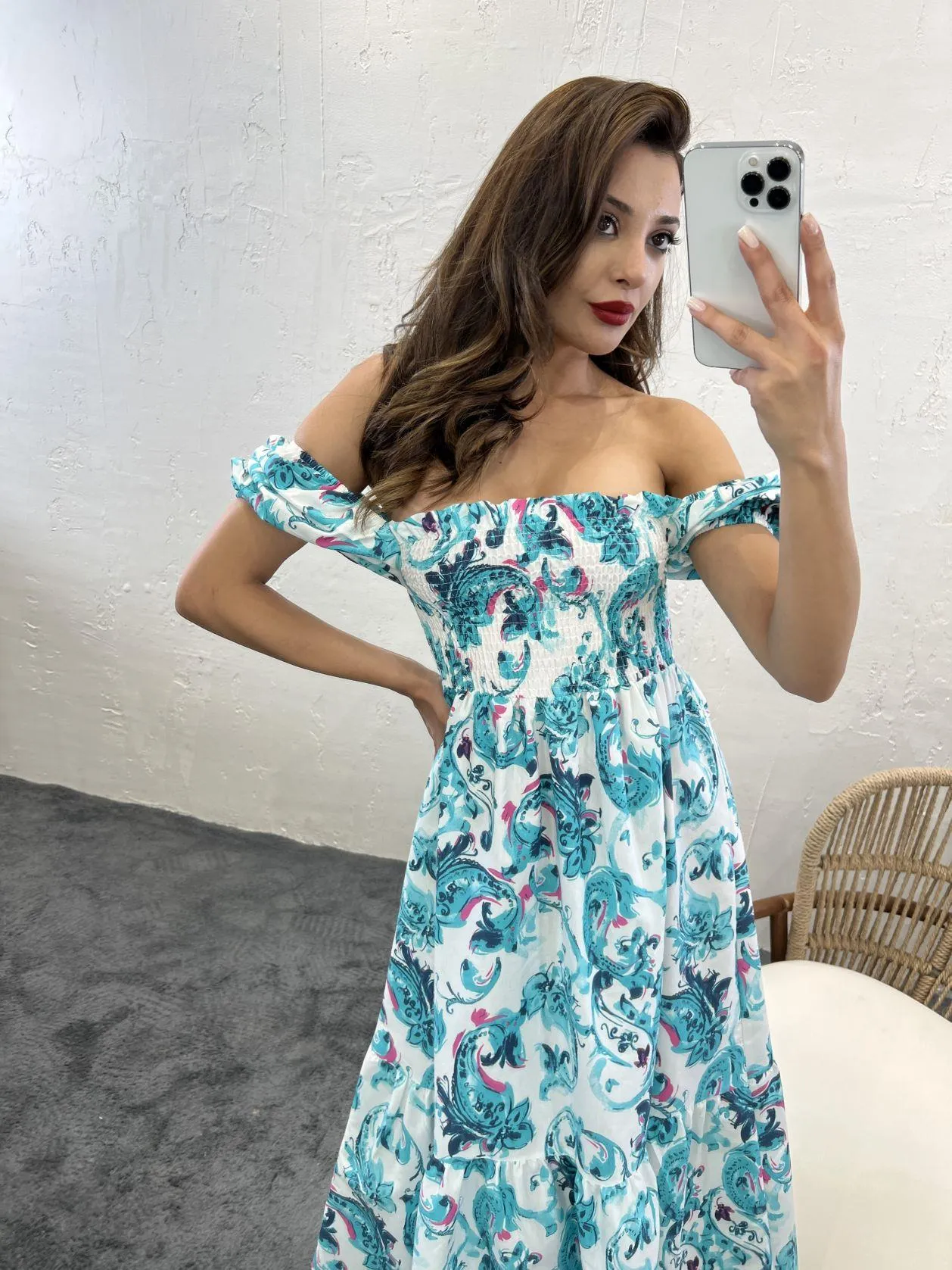 Patterned Gipe Detailed Turquoise Green Midi Dress
