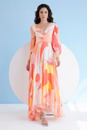 Peach Print Long Chiffon Dress