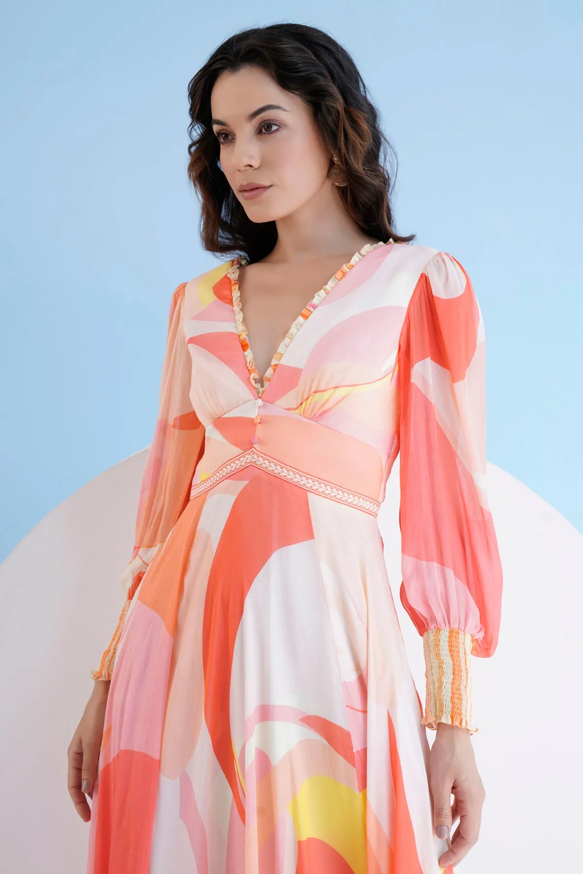 Peach Print Long Chiffon Dress