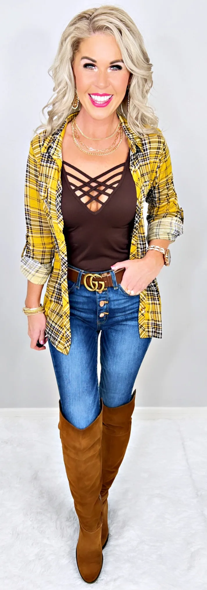 Penny Plaid Flannel Top - Mustard/Black