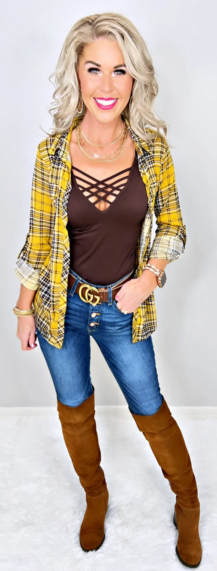 Penny Plaid Flannel Top - Mustard/Black