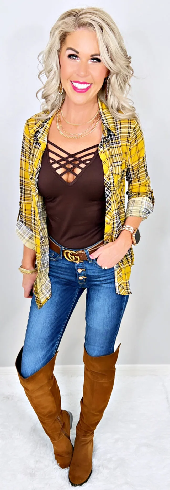 Penny Plaid Flannel Top - Mustard/Black