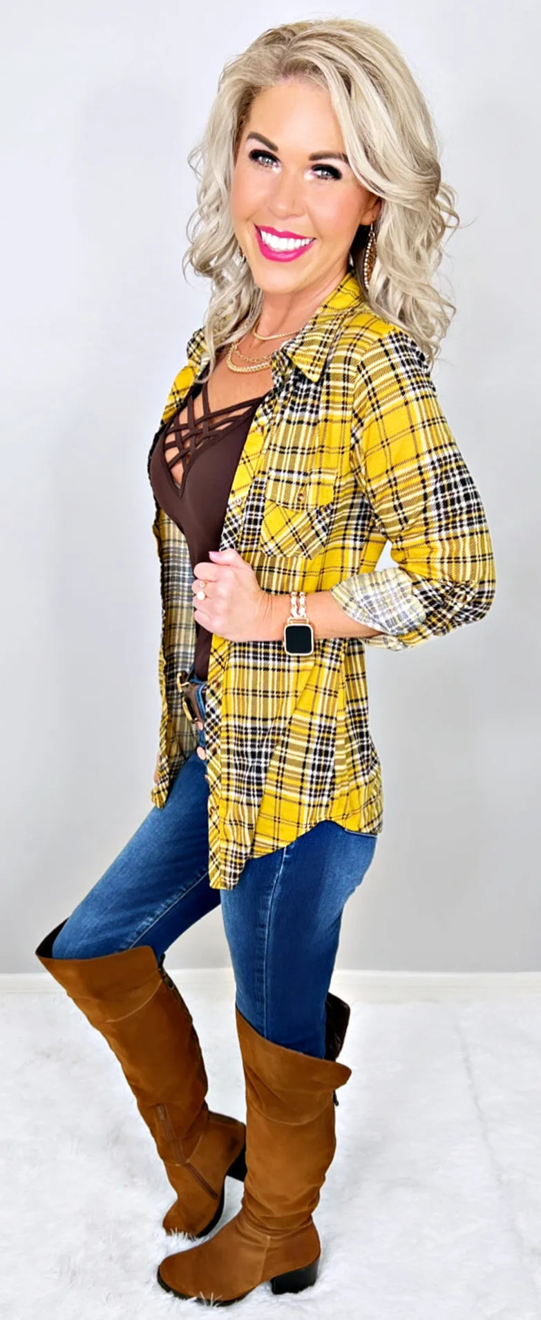Penny Plaid Flannel Top - Mustard/Black