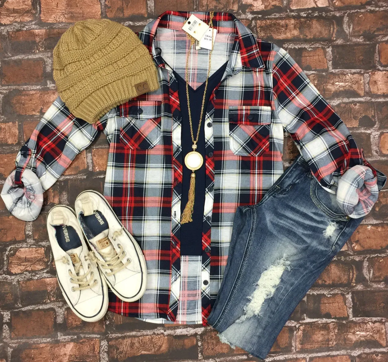 Penny Plaid Flannel Top - Red/Navy/White