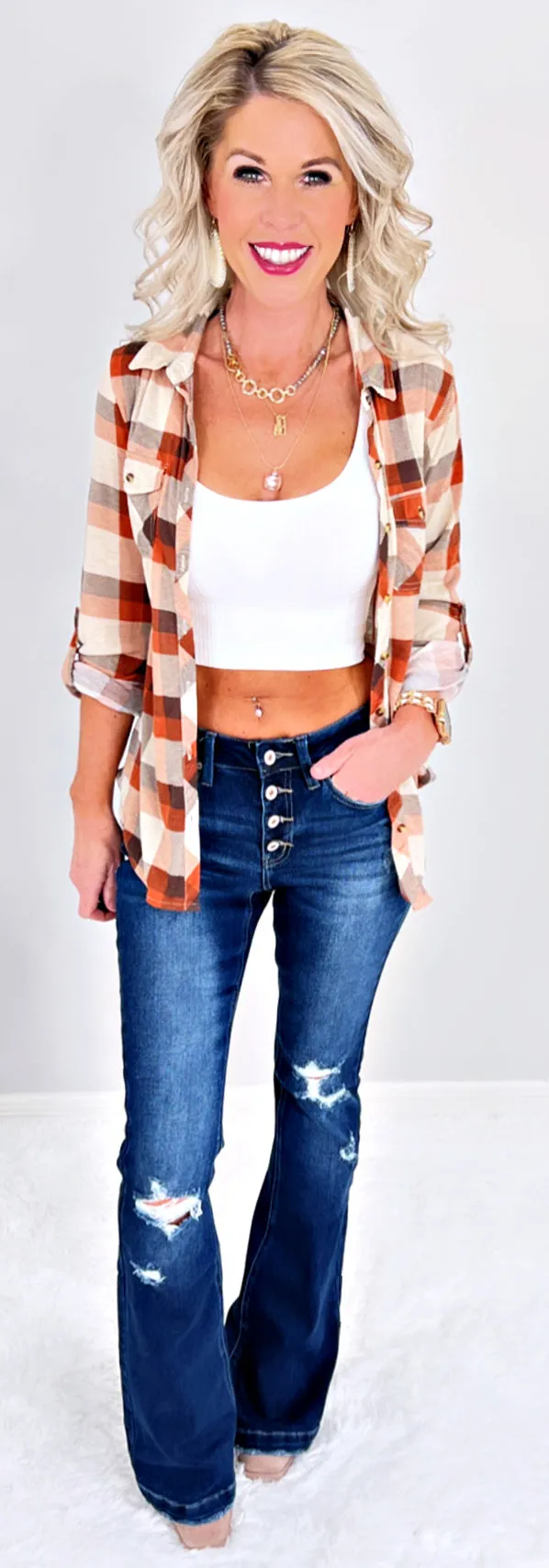 Penny Plaid Flannel Top - Taupe/Rust