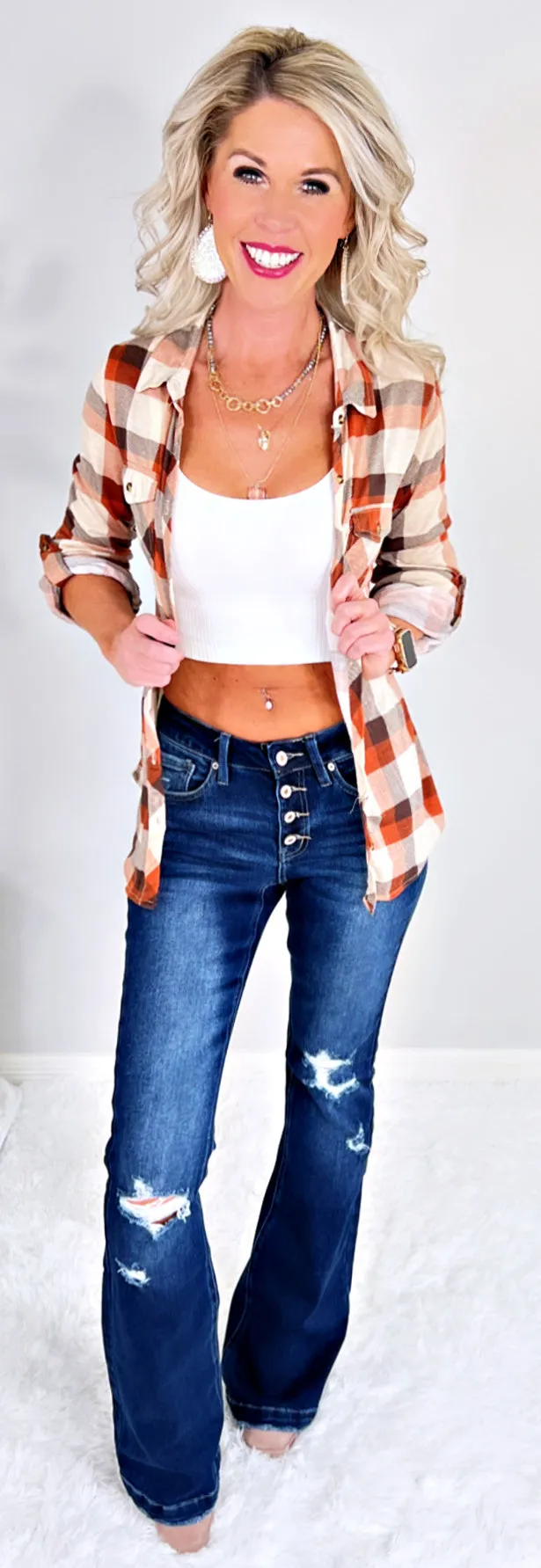 Penny Plaid Flannel Top - Taupe/Rust