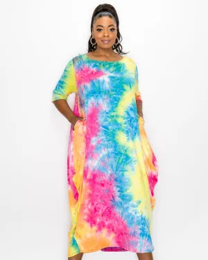 Piper Tie Dye Harem Midi Dress | Turquoise/Hot Pink/Bright Yellow Tie Dye