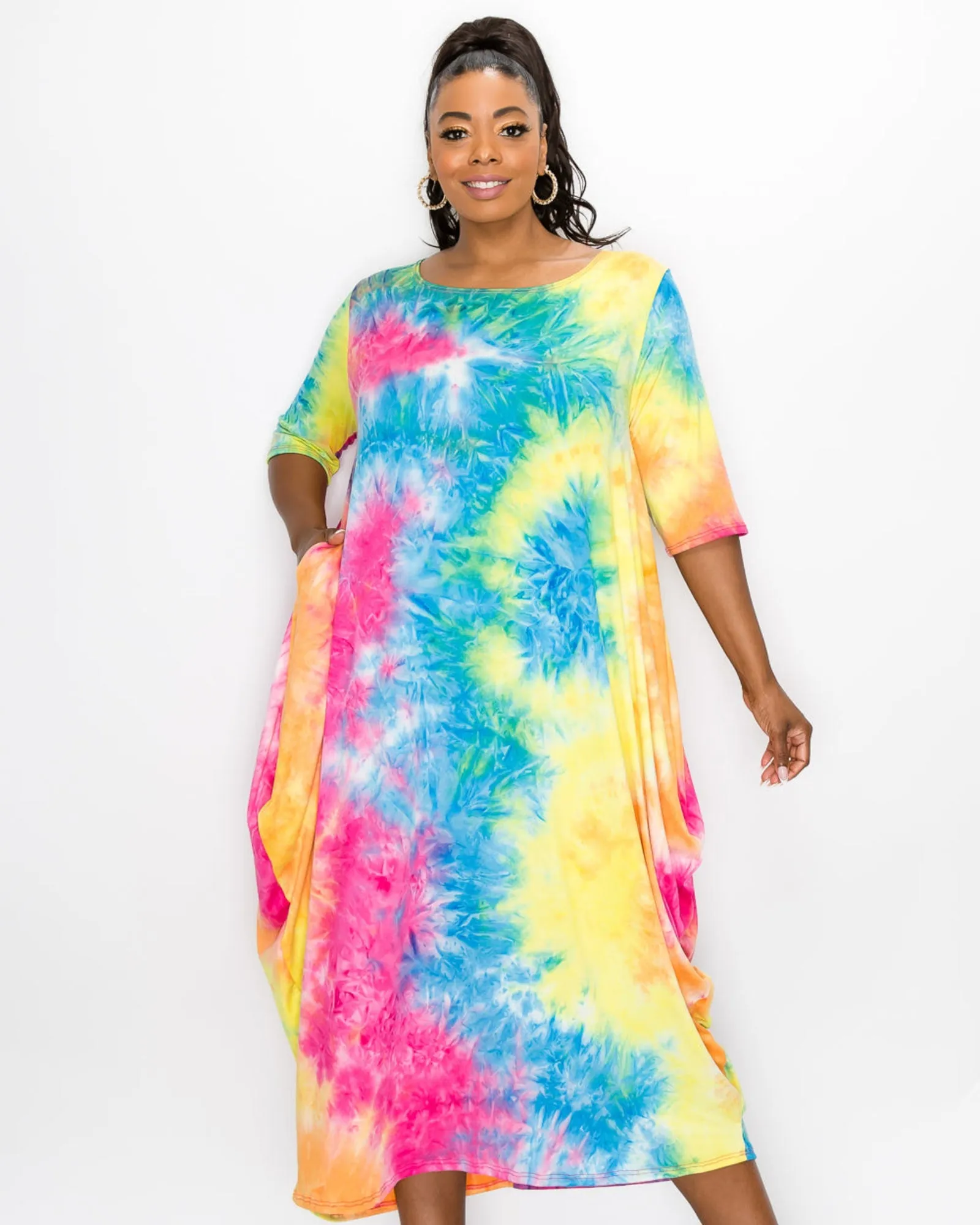 Piper Tie Dye Harem Midi Dress | Turquoise/Hot Pink/Bright Yellow Tie Dye