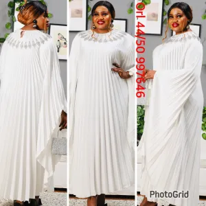 Pleated White Modest Maxi Dress With Diamante