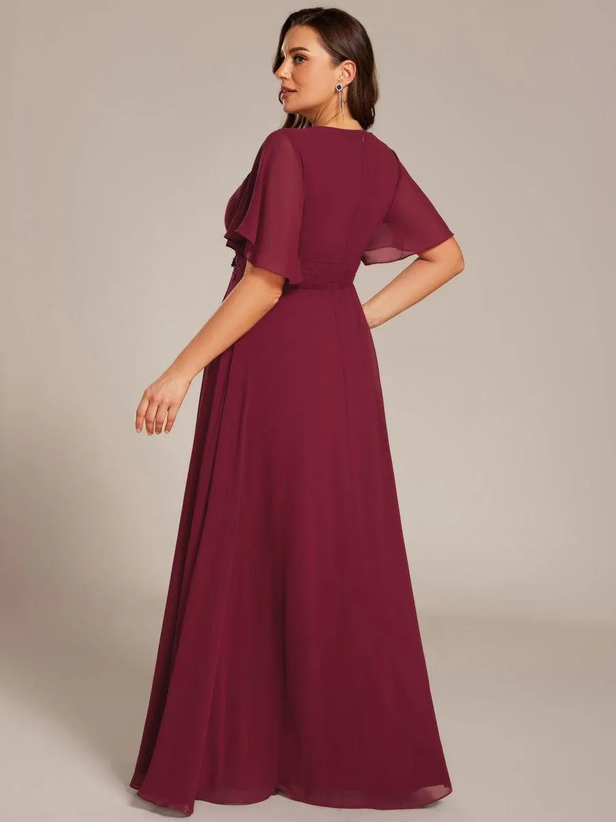 Plus Size Pleated Waist Applique Chiffon Maxi Formal Dress